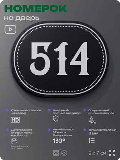 Номерок на дверь квартиры 514, для кабинета, офиса, шильдик 9 х 7 см, черный, Айдентика Технолоджи