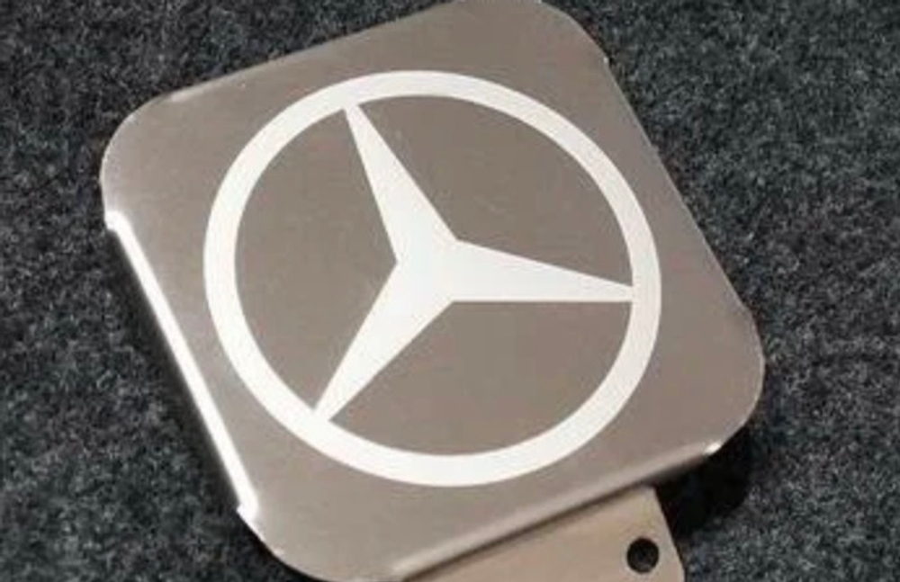 Заглушка на фаркоп под квадрат 50x50 с логотипом Mercedes-Benz, (нерж.сталь) TCUMERC1