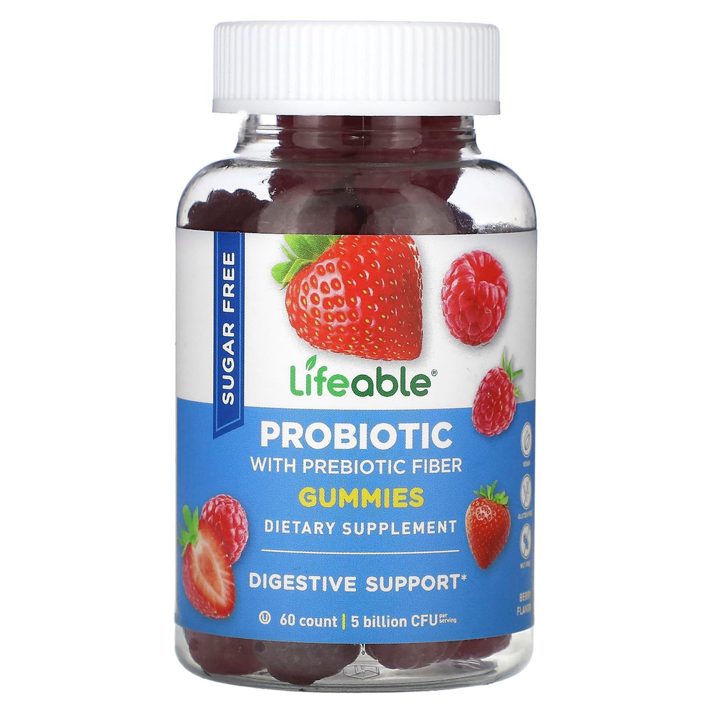 Lifeable, пробиотик с пребиотической клетчаткой, без сахара, с ягодным вкусом, 60 жевательных таблеток