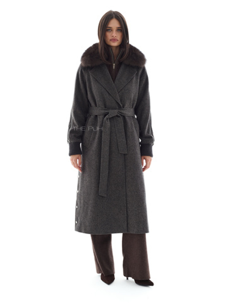 Серое кашемировое пальто с воротом из лисы