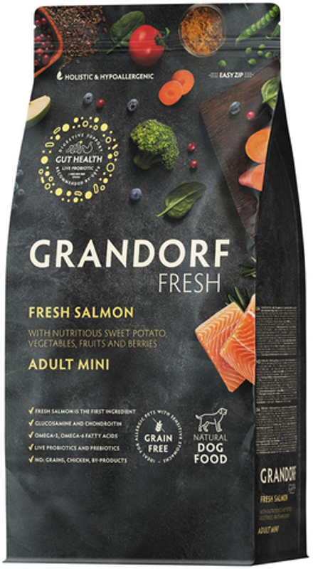 Grandorf Fresh 3кг Holistic Mini Salmon&Sweet Potato Сухой корм для собак малых пород, свежее филе лосося с бататом, 3 кг