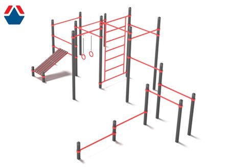Комплекс для Воркаута из 7 турников, шведской стенки, скамьи для пресса, брусьев и колец  К-108 мм