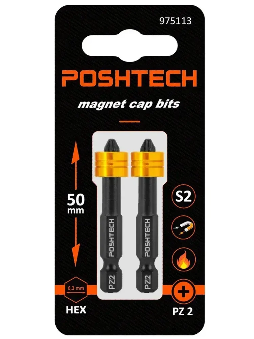 Бита с магнитным держателем / ограничителем, пружинистый механизм, S2 / износостойкая, PZ2 x 50мм 2шт. POSHTECH