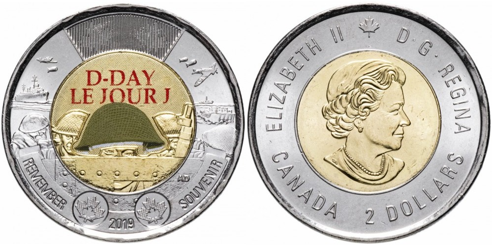 Канада 2 доллара, 2019 75 лет высадке союзников в Нормандии, цветная aUNC