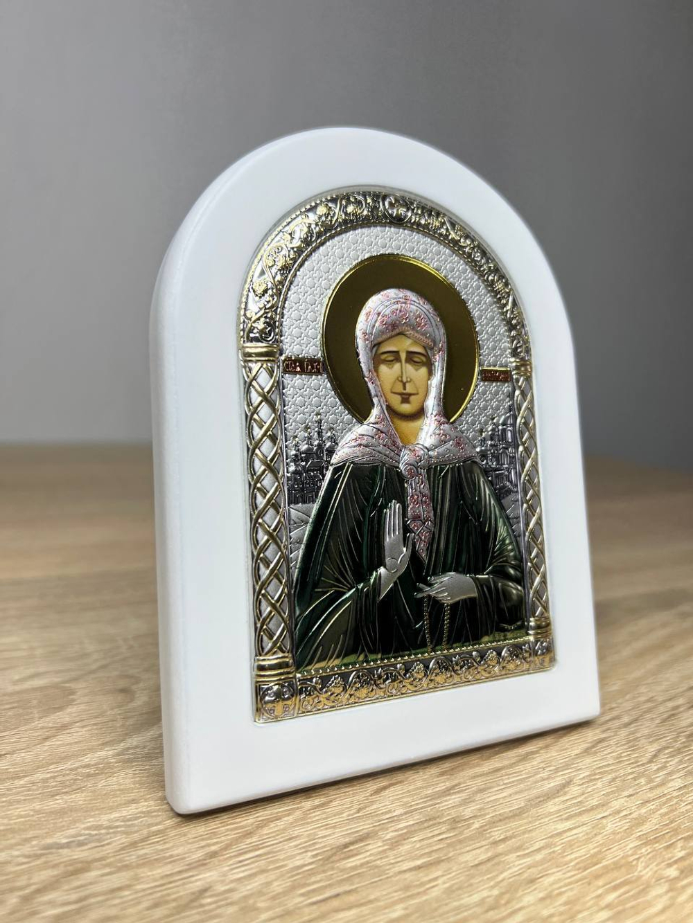 Матрона, икона арочная, белое дерево, эмаль 105х140