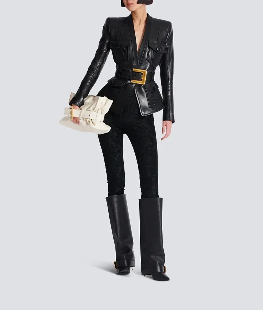 Куртка из кожи ягнёнка с одной пуговицей и поясом от Balmain
