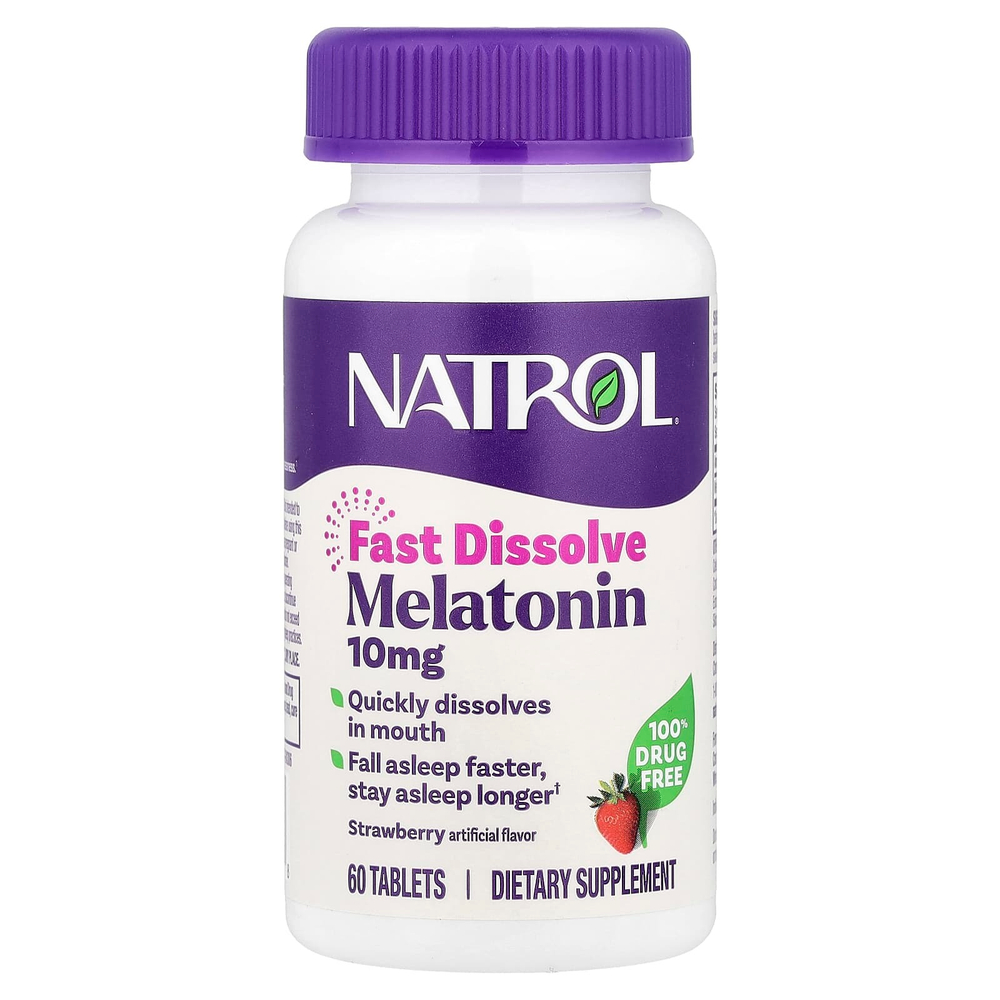 Natrol, Мелатонин, быстрорастворимый, максимальный эффект, клубника, 10 мг, 60 таблеток