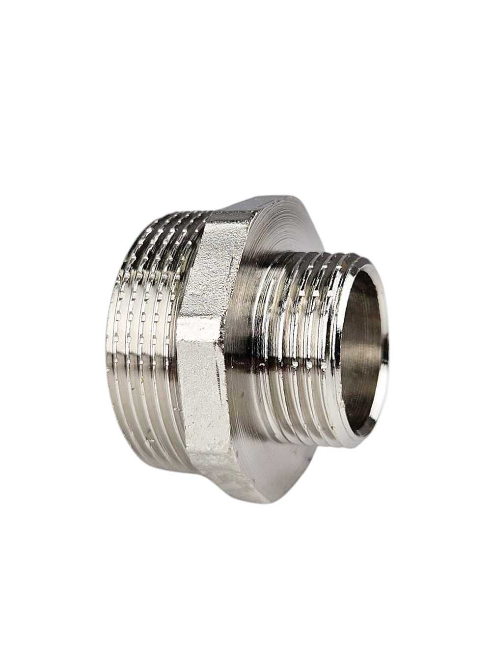 Ниппель переходной, латунь, наружная резьба 1 1/2"х1", никель, RTP