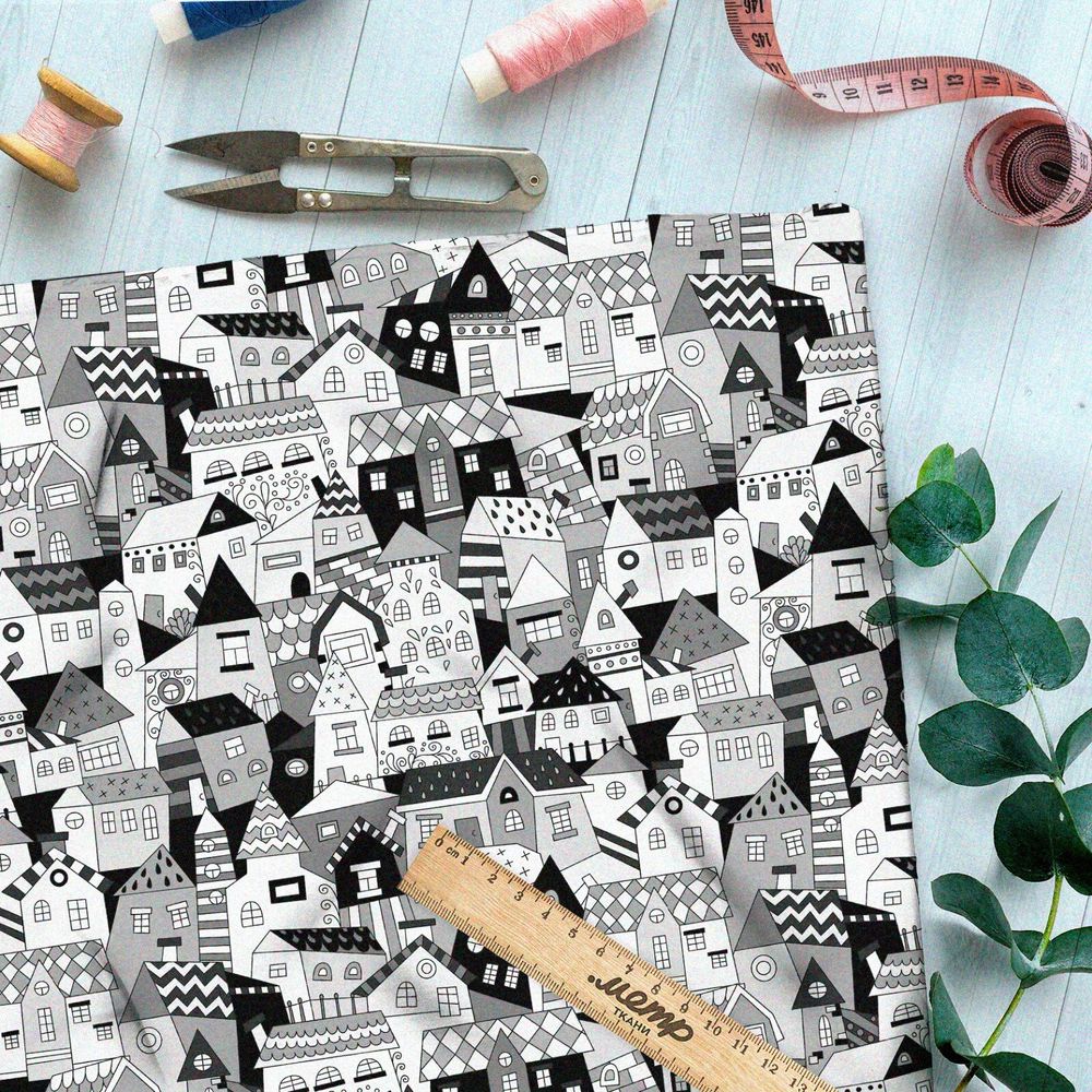 Ткань кулирная гладь чёрно-белые резные дома