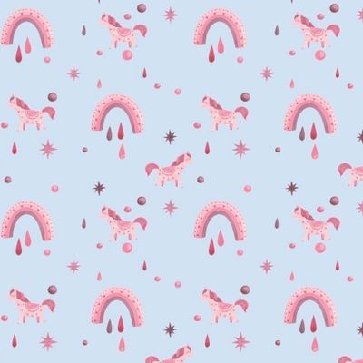 Pattern with pink unicorn pony and rainbow