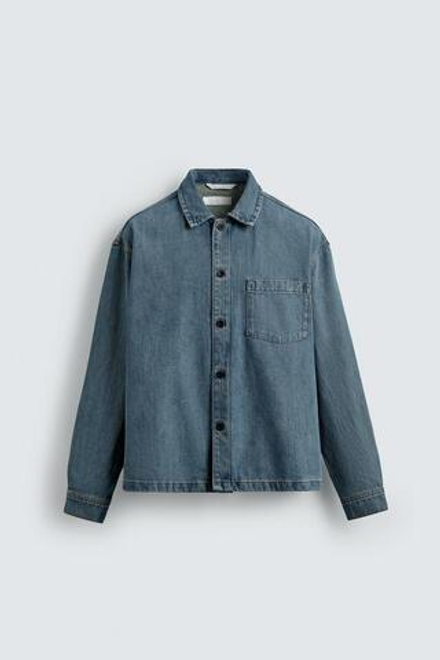 ZARA ДЖИНСОВАЯ РУБАШКА BOXY FIT, ЛИНЯЛЫЙ СИНИЙ