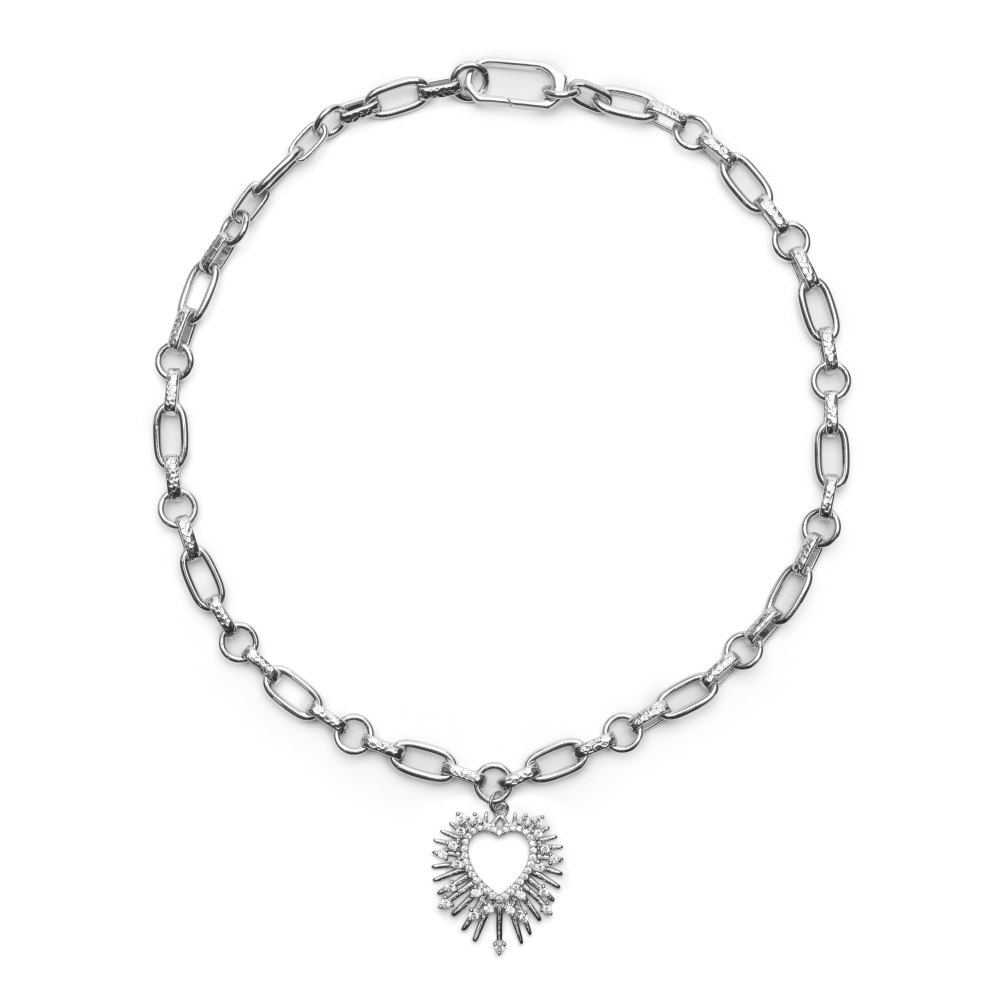 Латунная цепочка с большим Сердцем и Фианитами, silver