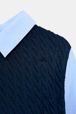 ZARA КОМБИНИРОВАННАЯ РУБАШКА ИЗ ПОПЛИНА, МОРСКОЙ СИНИЙ