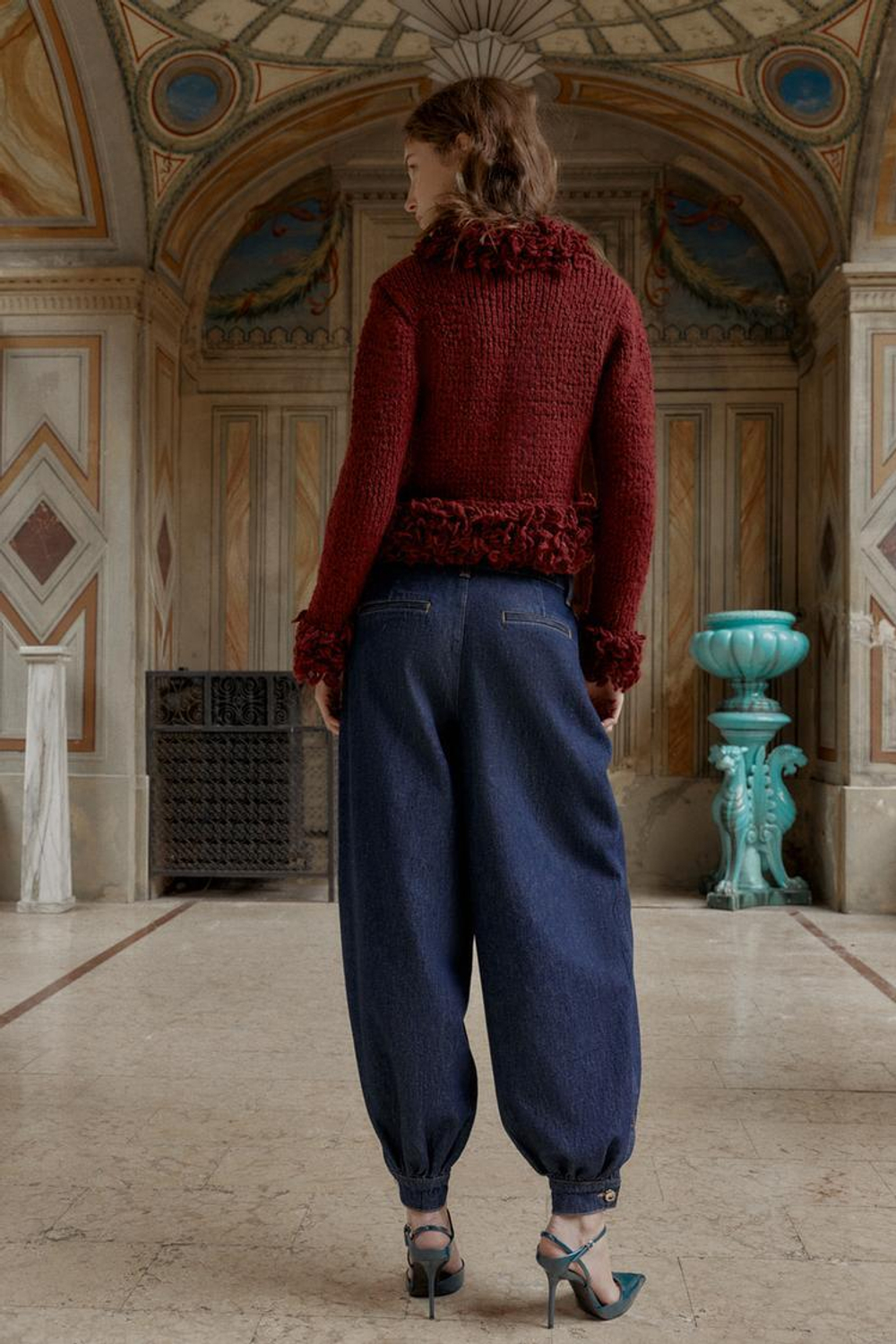 ZARA ВЯЗАНЫЙ ЖАКЕТ С БАХРОМОЙ, БУРГУНДИ