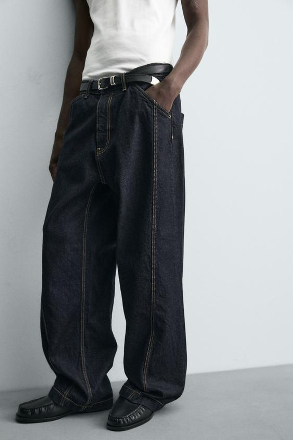 ZARA ДЖИНСЫ BAGGY FIT СО СМЕЩЕННЫМ ШВОМ, СИНИЙ