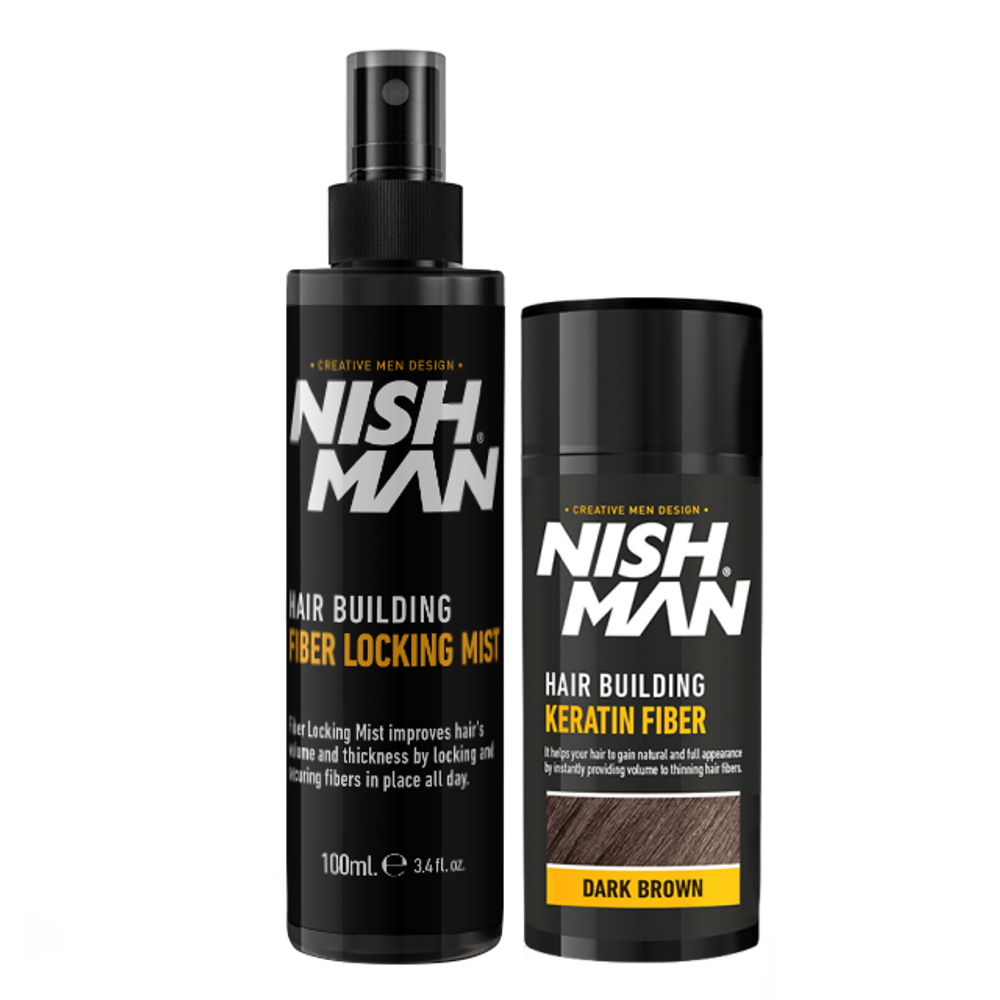 NISHMAN HAIR BUILDING KERATIN FIBER & LOCKING MIST SPRAY SET, DARK BROWN - Загуститель для темно-коричневых волос 2в1