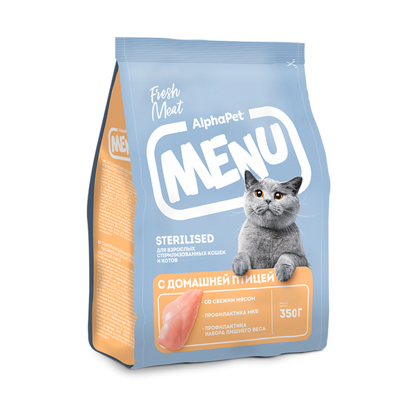 Сухой корм AlphaPet MENU с птицей и мясом для кастр.кошек 350г (Альфа Пет меню)