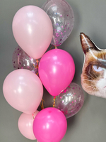 Шары воздушные на день рождения с гелием «Угрюмый кот» с фонтаном в розовых цветах