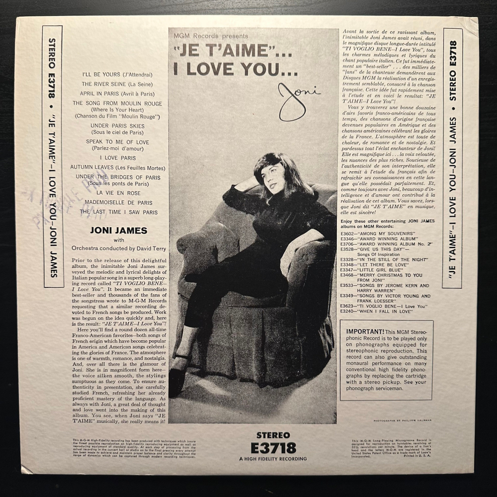 Joni James With Orchestra Conducted By David Terry* - Je T'aime (США)