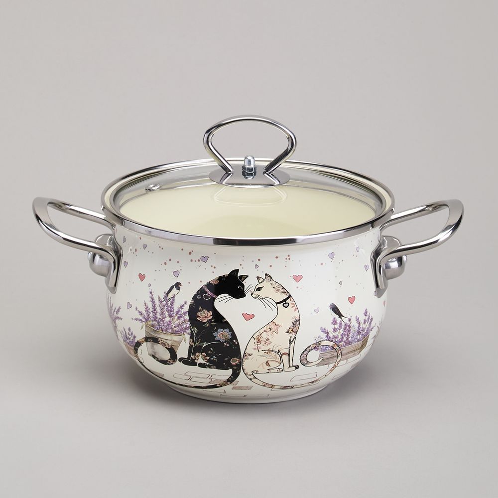 КАСТРЮЛЯ AGNESS ЭМАЛИРОВАННАЯ СО СТЕКЛЯННОЙ КРЫШКОЙ СЕРИЯ "LAVENDER CATS", 2,0 Л ДИА. 18СМ