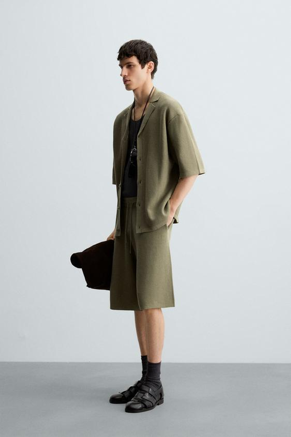 ZARA ШОРТЫ-БЕРМУДЫ ТРИКОТАЖНЫЕ СТРУКТУРНЫЕ, ХАКИ