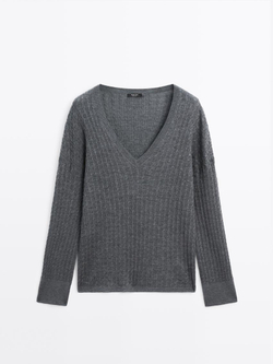 Massimo Dutti Свитер косовой вязки с V-образным вырезом, серый