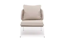 "Милан" кресло плетеное из роупа, каркас алюминий белый муар, роуп бежевый круглый, ткань бежевая 052