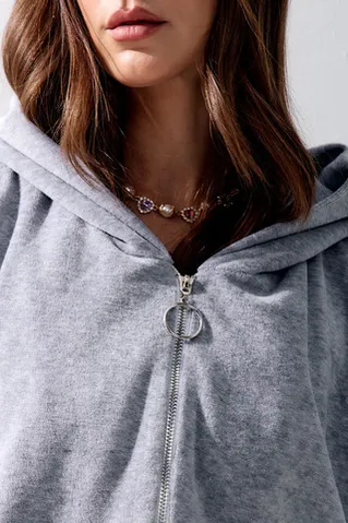 Худи на молнии из велюровой ткани цвета серый меланж