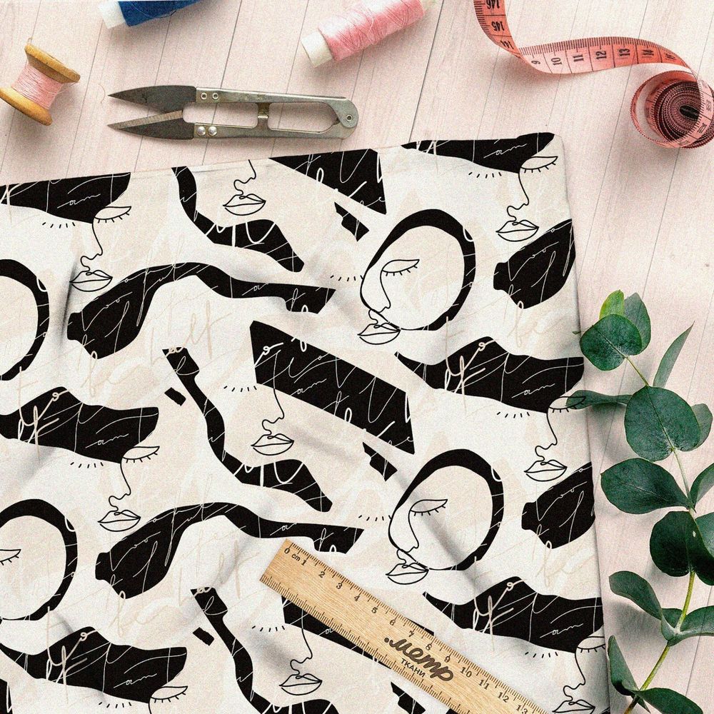 Ткань бифлекс чёрно-белая минимализм лица