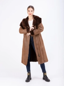 Дубленка женская натуральная длинная с капюшоном Турция