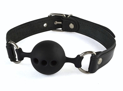 Силиконовый кляп-шар с ремешками из натуральной кожи черного цвета (Цвет: черный)