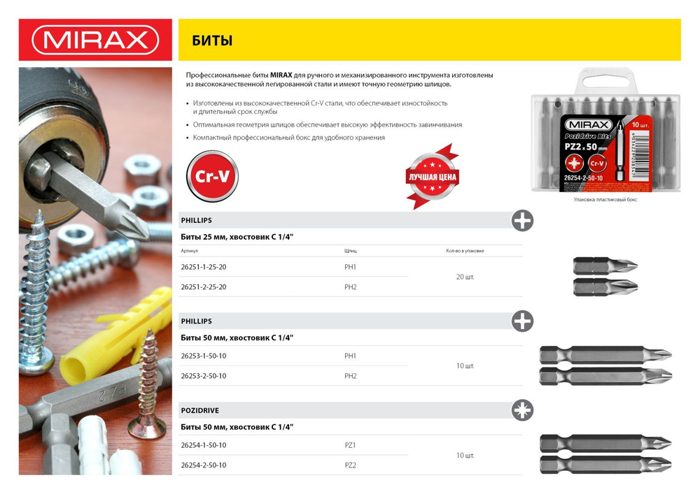 Биты MIRAX PH№1, тип хвостовика C 1/4″, длина 25мм, 20шт