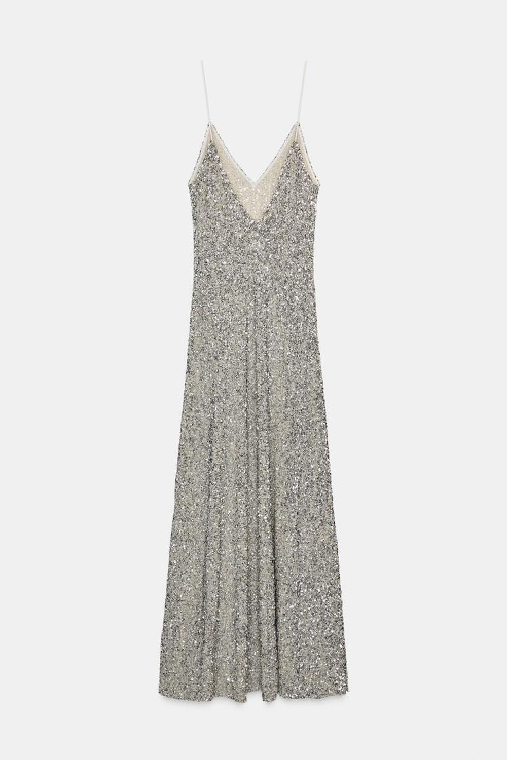 ZARA ДЛИННОЕ ПЛАТЬЕ С ПАЙЕТКАМИ — ZW COLLECTION, СЕРЕБРИСТЫЙ