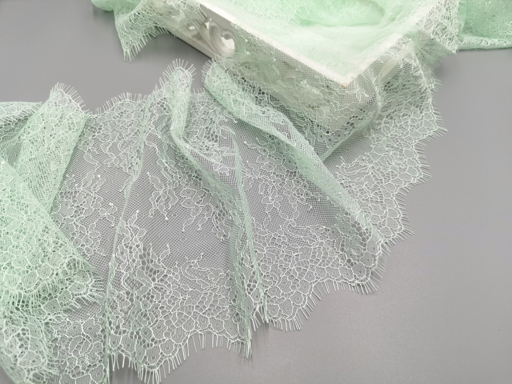 Кружево шантильи, с ресничками, снежная мята, 23 см, купон, SK-2405, купон (3м)