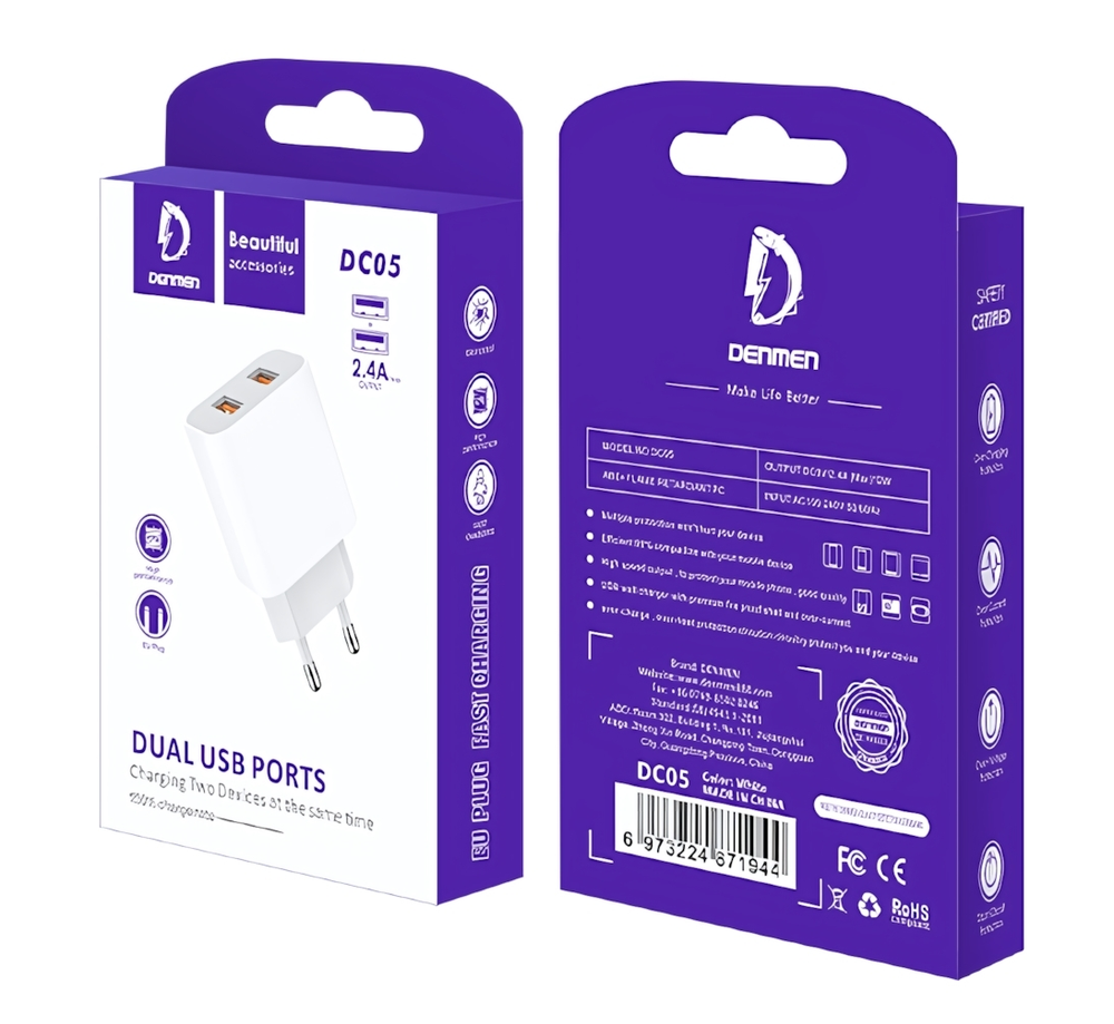 Зарядное устройство DENMEN DC05 2.4A 2xUSB White