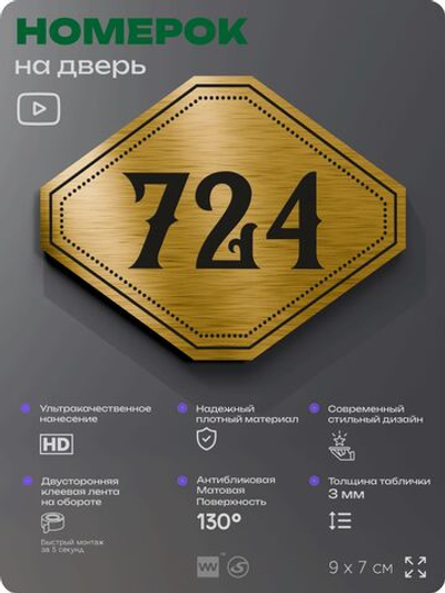 Номерок на дверь квартиры 724, для кабинета, офиса, шильдик 9 х 7 см, золотистый, Айдентика Технолоджи