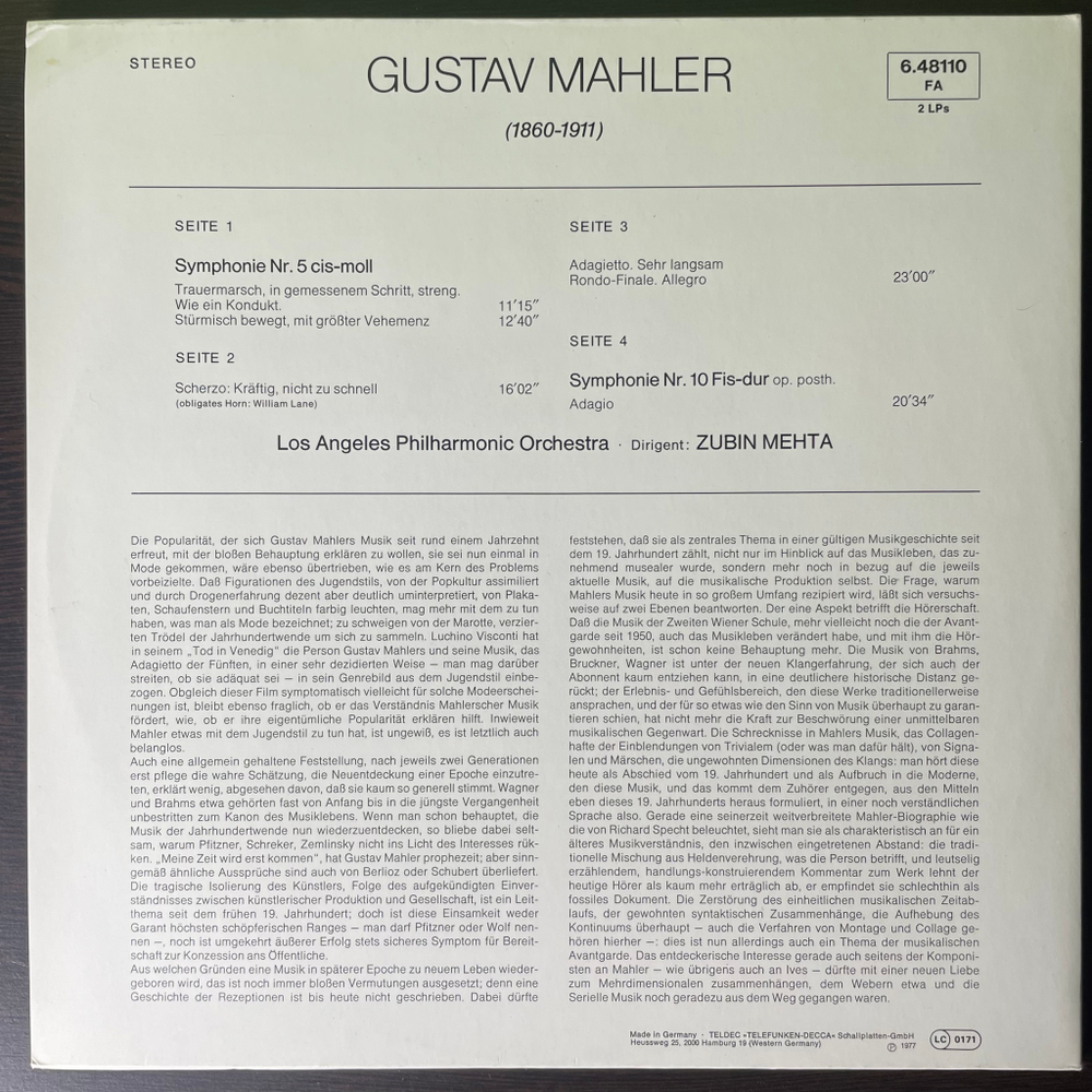 Малер - Симфония № 5 в Cis-Moll / Симфония № 10 2LP (Германия 1977г.)