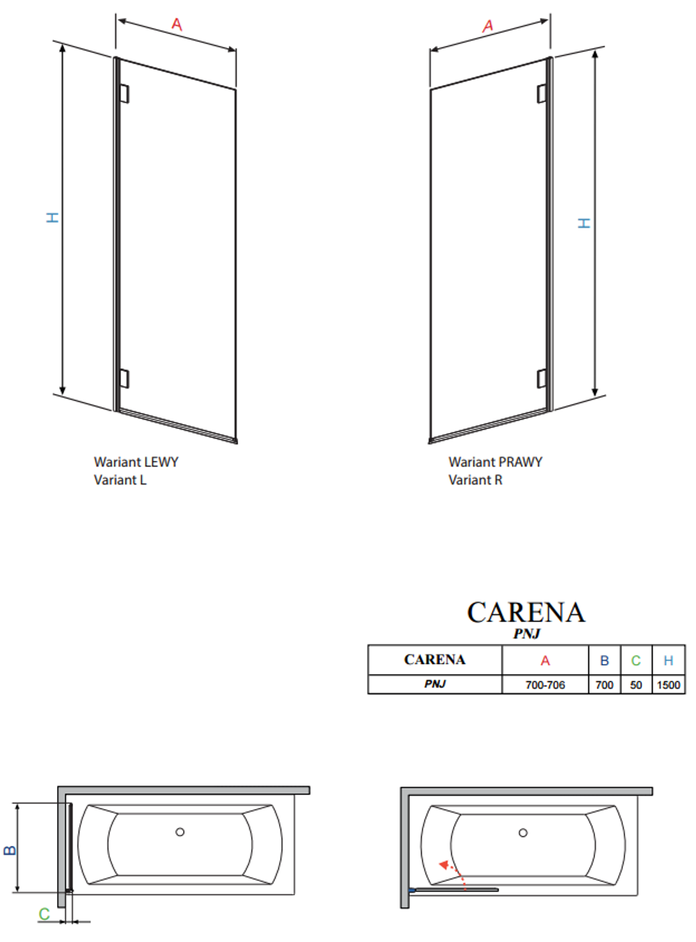 Шторка на ванну  Radaway Carena  PNJ 70 202101-101L  левая, крепится слева, профиль хром, стекло прозрачное 70x150см. схема