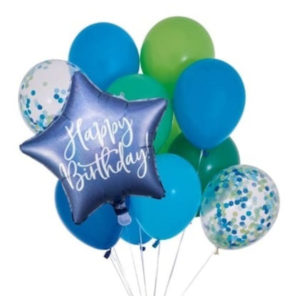 Синие и зеленые шарики с гелием с надписью Happy Birthday для мальчика или мужчины