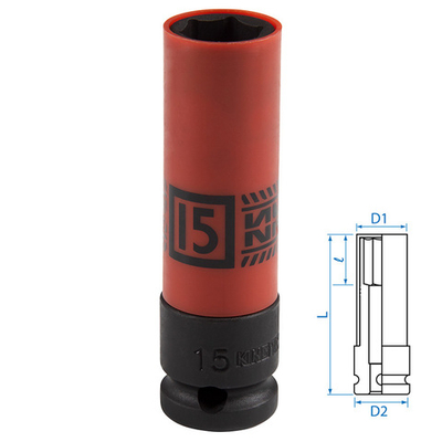 KING TONY (494515M) Головка торцевая ударная глубокая 1/2", 15 мм, тонкостенная, пластиковая защита