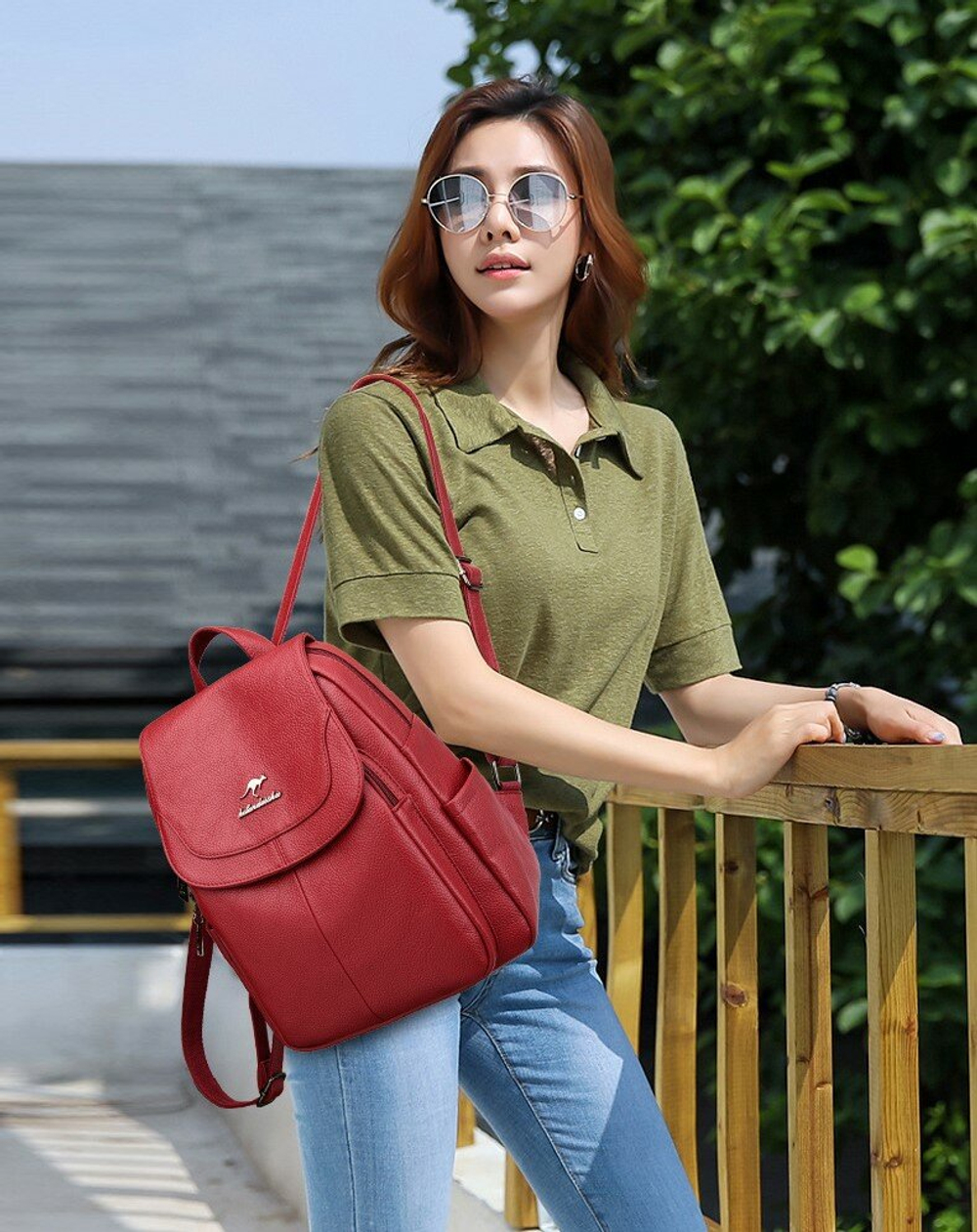 Рюкзак женский кожаный, красный