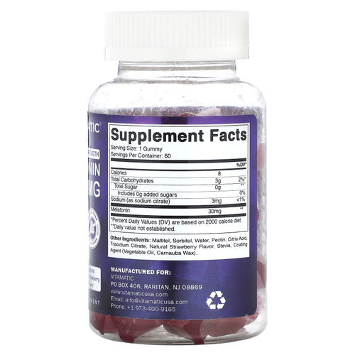 Vitamatic, мелатонин, жевательные таблетки, с натуральным вкусом клубники, 30 мг, 60 жевательных таблеток