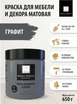 Magic Paints Краска Быстросохнущая, Гладкая, до 90°, Акриловая, Матовое покрытие, 0.5 л, 0.7 кг, темно-серый, черно-серый
