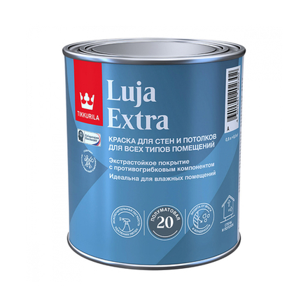 Краска для стен и потолков, Tikkurila Luja Extra, полуматовая, база А, белая, 0,9 л