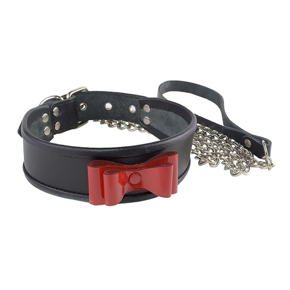 Чёрный ошейник 40см с красным лаковым бантом и поводком Sitabella BDSM Accessories 3129-1