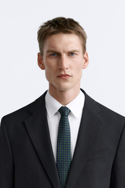 ZARA ГАЛСТУК ИЗ 100% ШЕЛКА С ПРИНТОМ, ЗЕЛЕНЫЙ