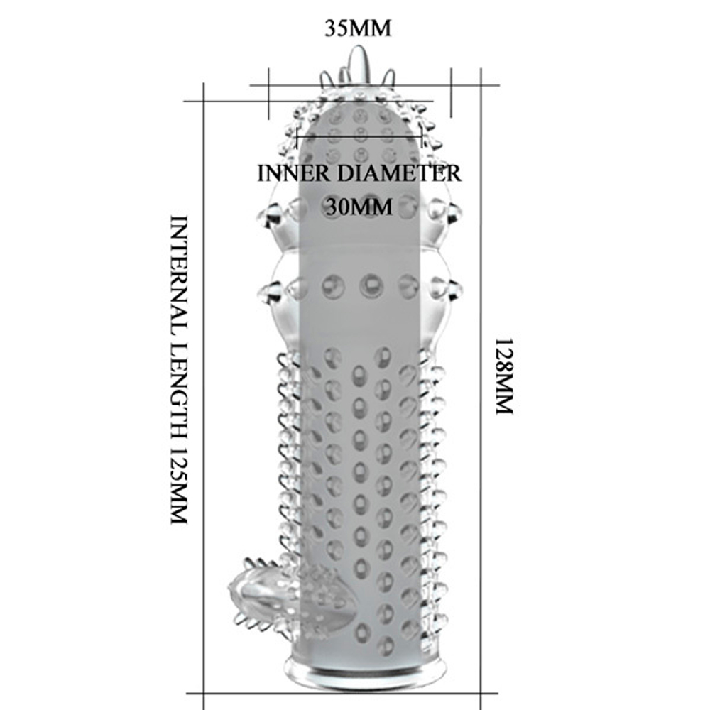 Прозрачная насадка на пенис 12,8см с шипами и стимулятором клитора Baile Sleeve BI-010045C