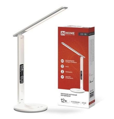 Светильник светодиодный настольный ССО 18Б 12Вт 3-6.5К 600лм сенсор-диммер часы темп. беспроводн. зарядка с адаптером бел. IN HOME 4690612041056