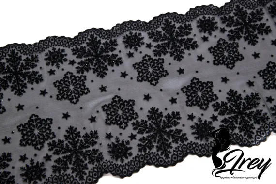 0142 ОПТ Кружево эластичное 19 см, Италия, флок, снежинки, черный