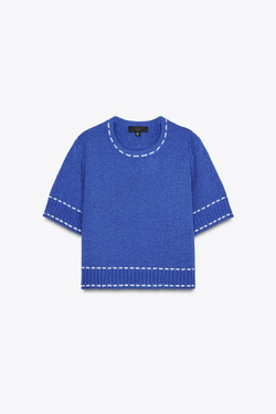 ZARA ТРИКОТАЖНЫЙ ТОП С ДЕКОРАТИВНОЙ СТРОЧКОЙ, ЯРКО-СИНИЙ